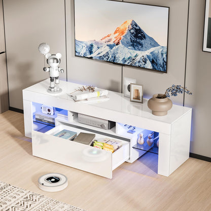 VINGLI LED TV Stand, 51'' High Glossy Modern Entertainment Center with LED Lights and Storage for 40/43/50/55 Inch TV (White, 51'' x 14'' x 18'') - WoodArtSupply