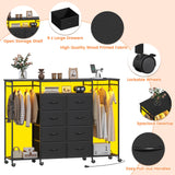 Frmobepts 59.1" W Dresser for Bedroom with Hanging Rack, 8 Drawer Dresser with LED Lights & Charging Station, Fabric Dressers with Portable Wheels,Metal Frame, Wooden Top (Black) Frmobepts