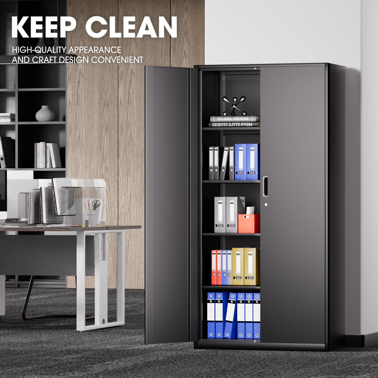 DNA MOTORING Metal Storage Cabinet, 72" Storage Wardrobe with Lock and Hanging Rod, Locking Cabinet Heavy Duty Utility Cabinet with 4 Shelves for Garage,Office,Home,Gym, Black, TOOLS-00633-BK-BK DNA MOTORING