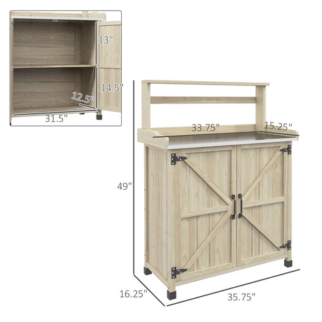 Outsunny Potting Bench, Outdoor Wooden Potting Table with Storage Cabinet with 2 Shelves, Garden Work Bench with Galvanized Plated Tabletop for Backyard, Balcony, Natural Outsunny