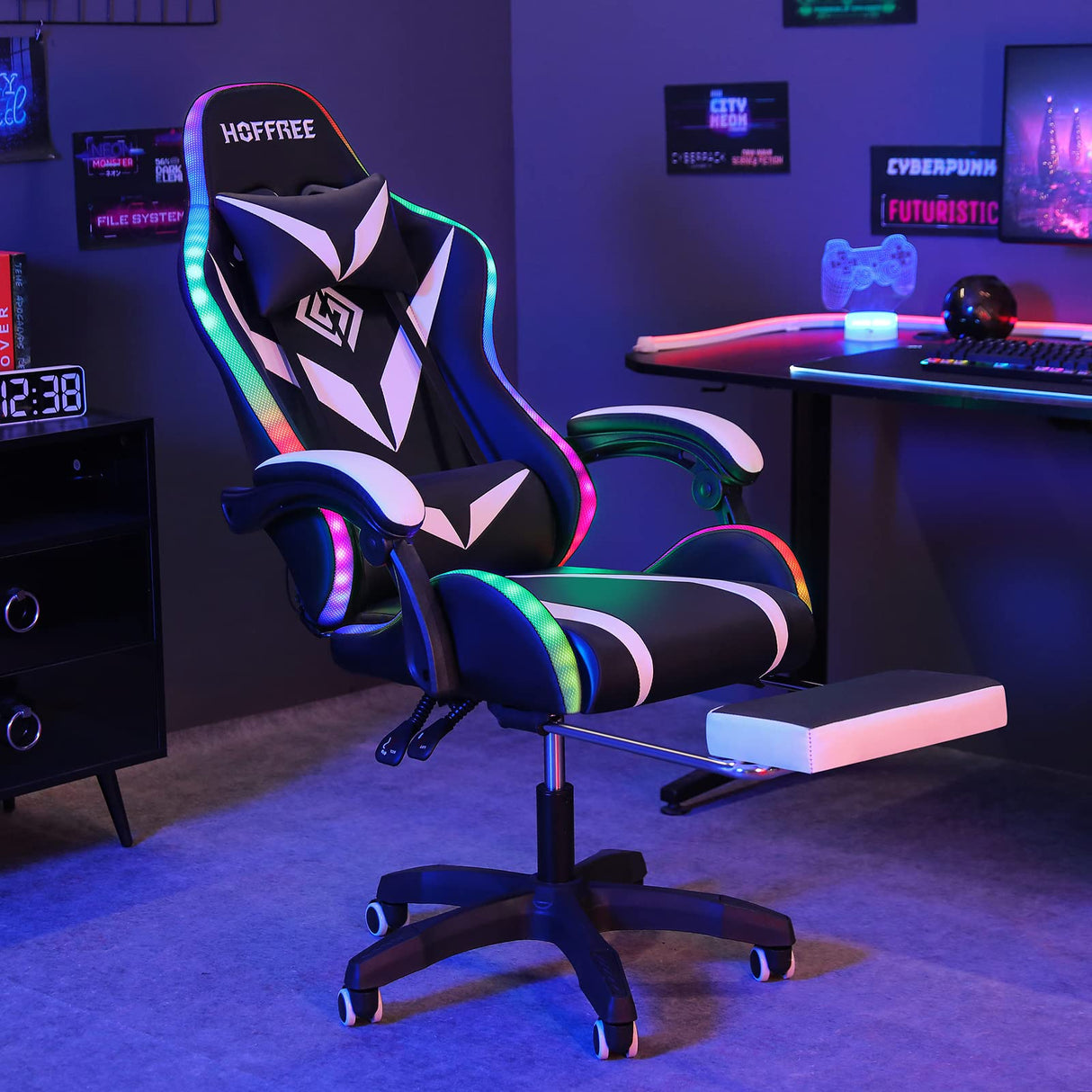 HOFFREE Gaming Chair with Massage and LED Lights Ergonomic Video Game Chairs with Footrest High Back Reclining Computer Chair with Adjustable Lumbar Support White and Black HOFFREE