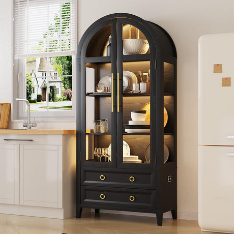 LVSOMT 71" Tall Arched Storage Cabinet with Glass Doors and Drawers, Curio Display Cabinet with Adjustable LED Light & Human Sensor, 4-Tier China Cabinet for Living Room(Black) LVSOMT