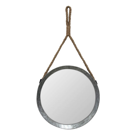 Stonebriar Rustic Round Galvanized Metal Mirror with Rope Hanging Loop ; Farmhouse Home Decor ; For Bathroom, Bedroom, and Living Room, 11.9", Grey Stonebriar