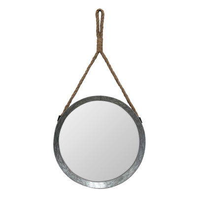 Stonebriar Rustic Round Galvanized Metal Mirror with Rope Hanging Loop ; Farmhouse Home Decor ; For Bathroom, Bedroom, and Living Room, 11.9", Grey