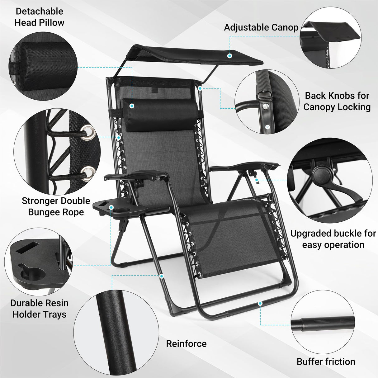 DuangDuang Zero Gravity Chairs Set of 2, Oversized Outdoor Recliner Patio Lounge Chair with Canopy Shade, Foldable Outdoor Lounger with Cup Holder Tray for Backyard Beach Camping, Black DuangDuang