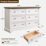 Farmhouse 6 Drawers Dresser for Bedroom, 54" Wide Large Dressers & Chests of Drawers w/Roman Column, Wooden Dresser TV Stand with Large Drawers for Nursery Bedroom Living Room Hallway, Antique White T4TREAM