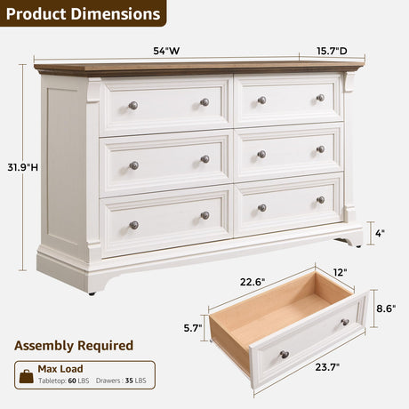 Farmhouse 6 Drawers Dresser for Bedroom, 54" Wide Large Dressers & Chests of Drawers w/Roman Column, Wooden Dresser TV Stand with Large Drawers for Nursery Bedroom Living Room Hallway, Antique White T4TREAM