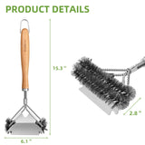 SUBEKYU Grill Brush for Outdoor Grill, 15.3'' BBQ Grill Scraper Cleaning Brush for Outdoor Grill, Safe Stainless Steel Grill Cleaner Scrubber with Scraper, Beech Wood Handle, 1Pack SUBEKYU