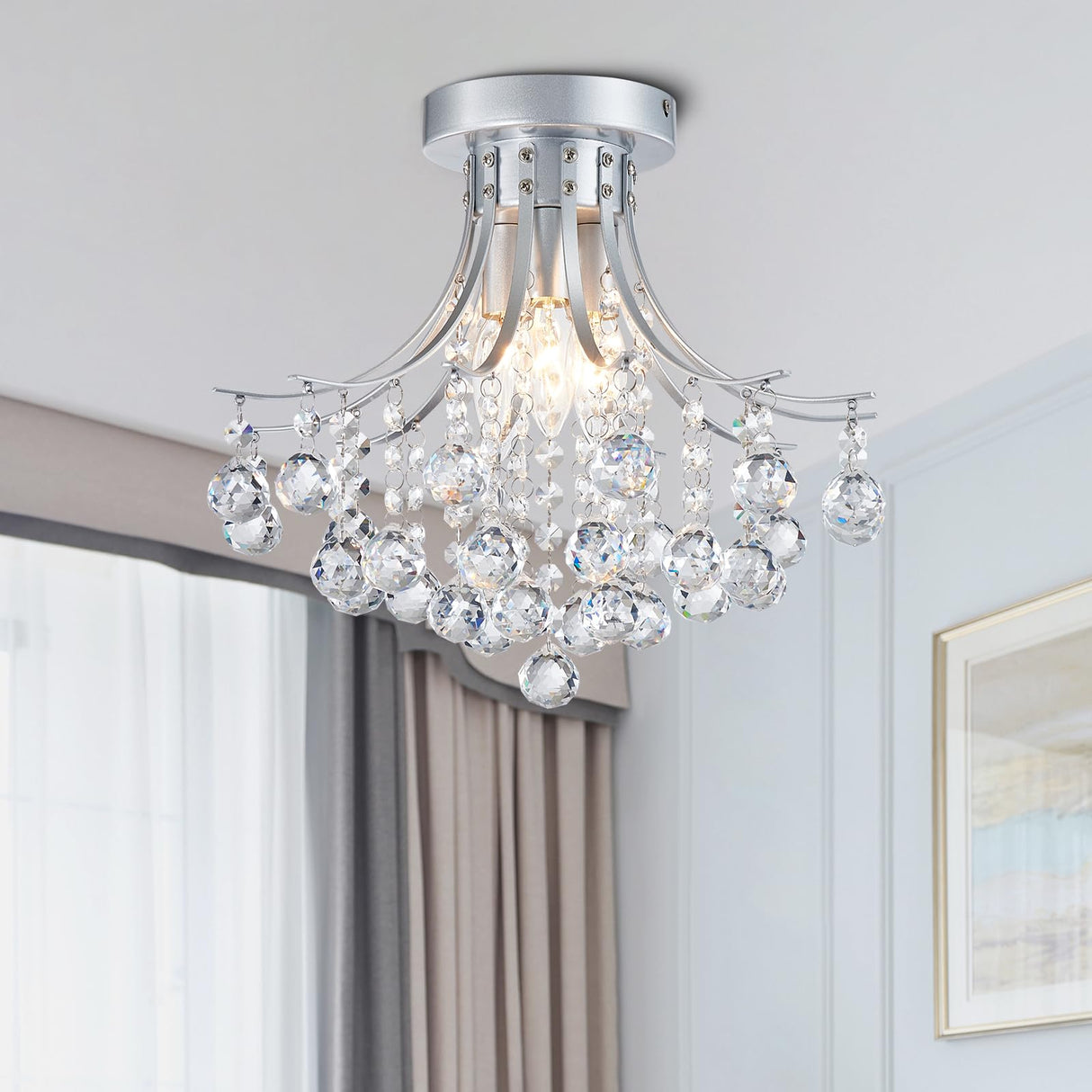 Bestier Modern Silver Crystal Semi-Flush Mount Chandelier Lighting Ceiling Light Fixture Lamp for Diningroom Bathroom Bedroom Livingroom 3 E12 Bulbs Required D13.5 inch X H11.6 inch Bestier