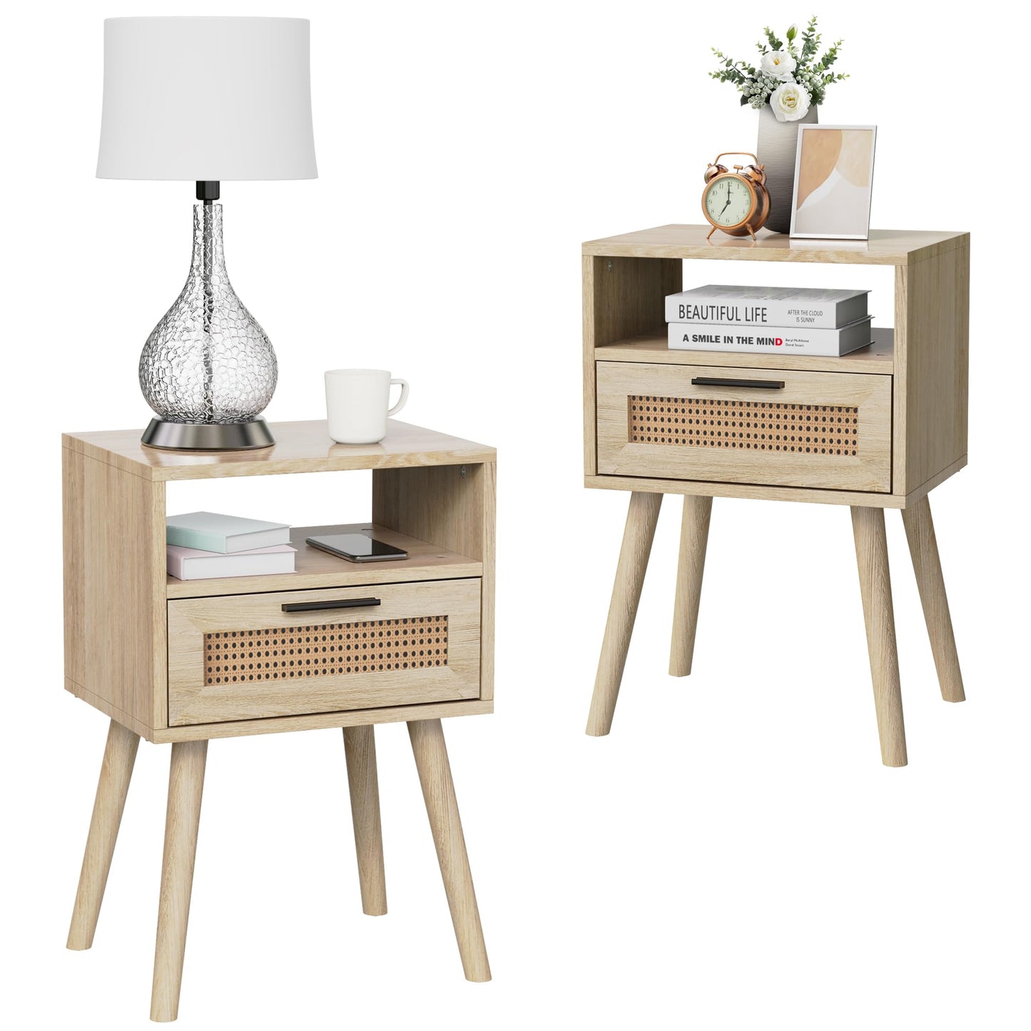 AmzYuga Nightstands Set of 2, Rattan Night Stand, Boho Nightstand with Drawer Open Storage, Modern Bed Side Table with Solid Wood Feet for Bedroom - WoodArtSupply