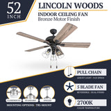 Prominence Home Lincoln Woods, 52 Inch Industrial Style LED Ceiling Fan with Light, Pull Chain, Three Mounting Options, 5 Dual Finish Blades, Reversible Motor - 50581-01 (Bronze) Prominence Home