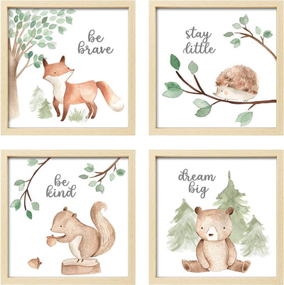ArtbyHannah Framed Woodland Nursery Cute Wall Decor, 10x10 inch Safari Animals Prints Baby Wall Art with Wood Picture Frames for Kids Playroom Light-Wood Decoration(4 Pack, Fox, Owl, Squirrel, Bear)