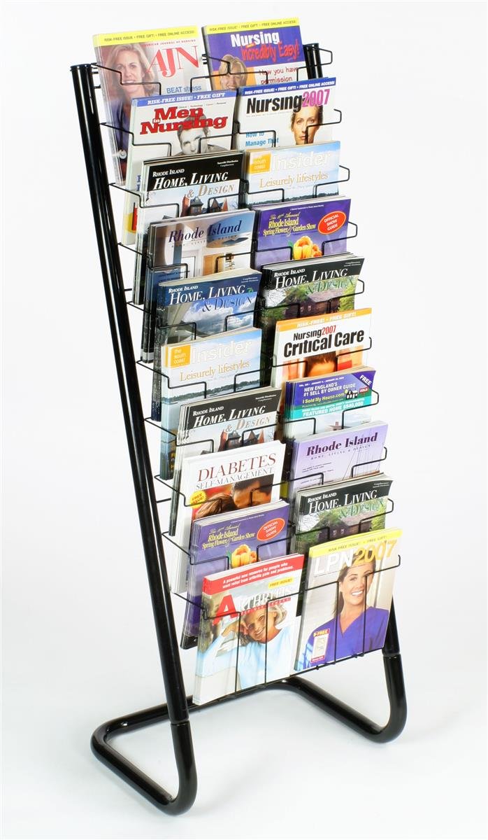 Displays2go 57" Floor-Standing Wire Magazine Rack, 20 Pockets, Tiered Design - Black Displays2go
