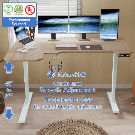 BUNOEM L-Shaped 59" Height Adjustable Electric Standing Desk,Height Stand Up Computer Desk,Sit and Stand Home Office Desk with Splice Board (Oak Top, White Frame) BUNOEM