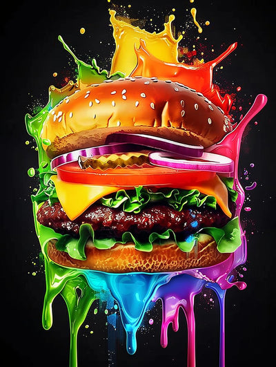 LXTONG Colorful Burger Diamond Painting Kits, Delicious Hamburger Crystal Rhinestones Cross Stitch Arts,Food Eenthusiasts Diamond Painting by Numbers for Adult Home Wall Decor (12 X 16 Inches)
