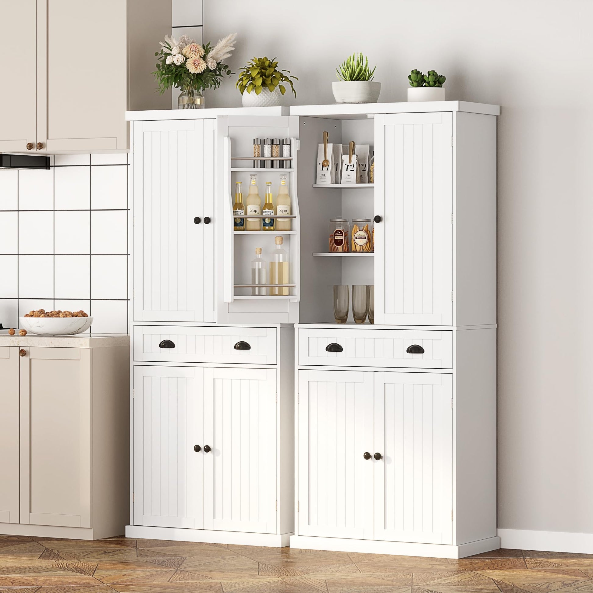 HOME BI 72'' Tall Kitchen Pantry Cabinet, Farmhouse Storage Cabinet with 4 Doors, Drawer and Adjustable Shelf, Freestanding Wooden Cupboard Buffet for Dining Room Living Room, White - WoodArtSupply