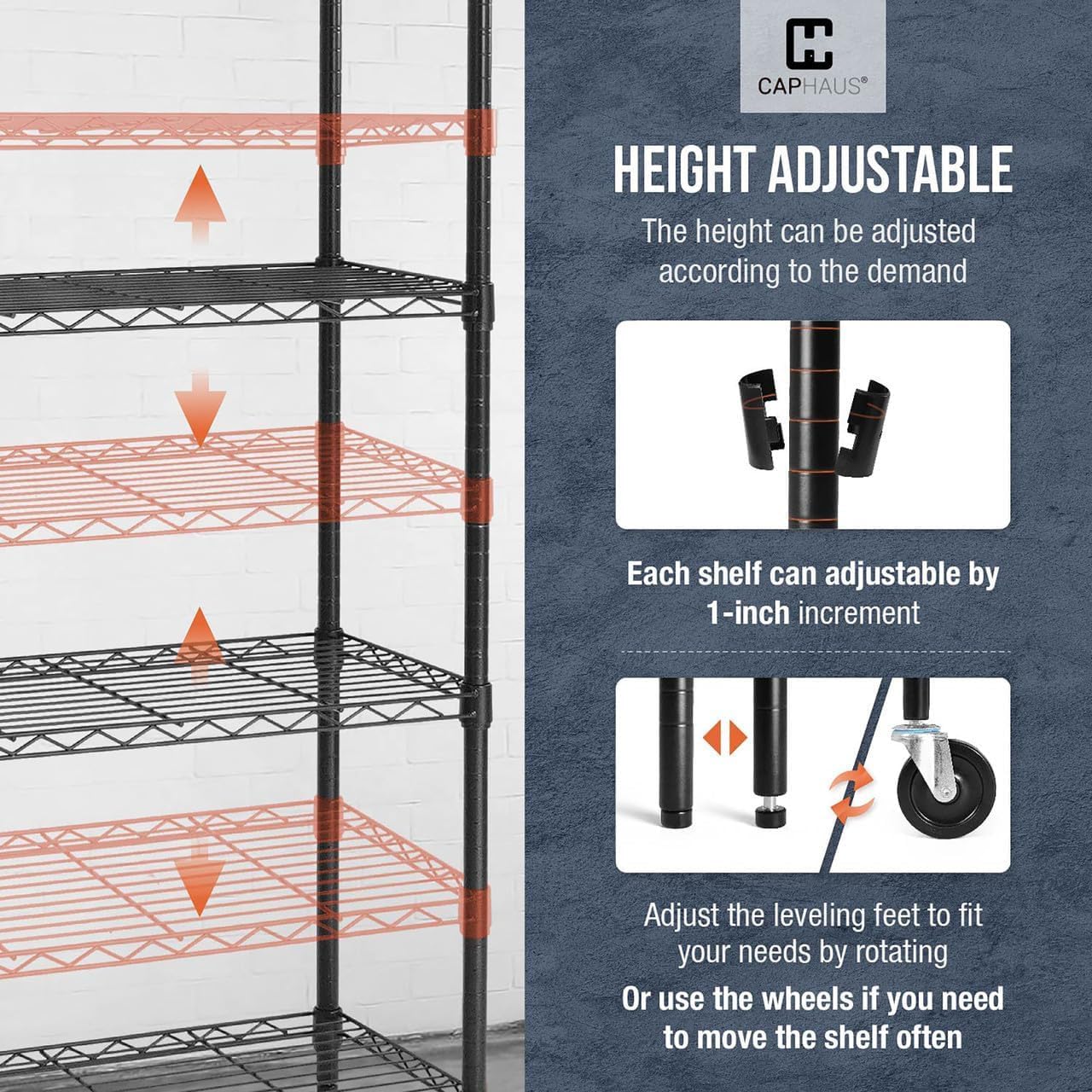 CAPHAUS Heavy Duty NSF Commercial Adjustable Shelves Wire Shelving w/Wheels & Feet, Kitchen Storage Metal Shelf, Garage Storage Shelving, Utility Wire Rack Storage Unit, Silver Grey 60 x 18, 4-Tier