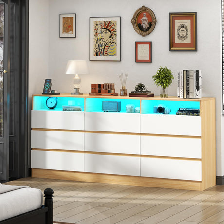 Loomie 9 Drawers Dresser, 63'' White Chests of Drawers with Power Outlet, Accent Large Double Dresser with LED Light, Modern Storage Dresser for Bedroom, Living Room (White&Light Walnut) Loomie