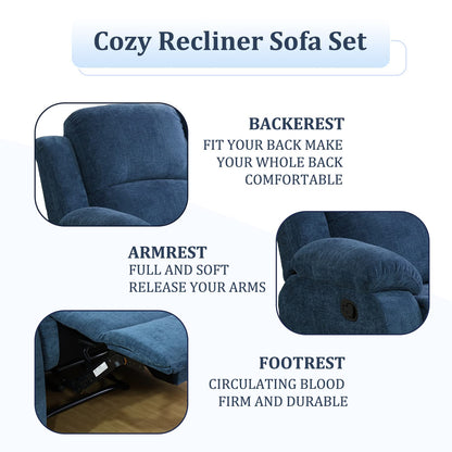 Plithzy Recliner Sofa Set Living Room Furniture, Microfiber Fabric Reclining Sofa Set, Recliner Couch Set with Cup Holders for Office Home (3 Piece Living Room Furniture Set, Blue) - WoodArtSupply