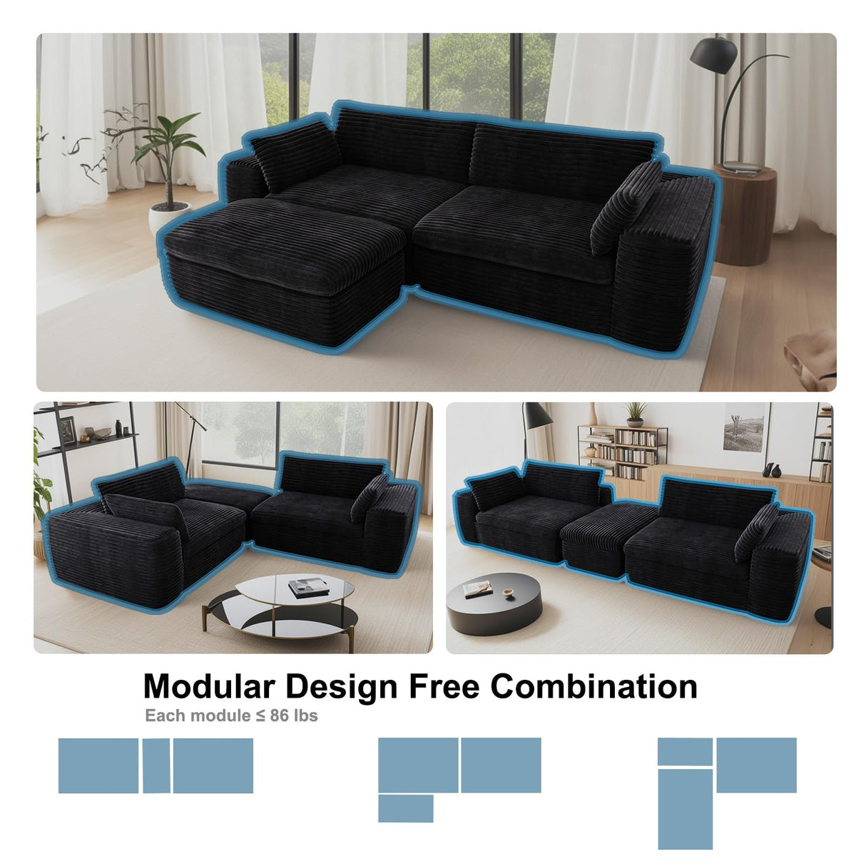Yomsum 110'' Black Sectional Couches for Living Room with Double Layer, Oversized 4 Seater Boneless L Shaped Cloud Couch Plush Corduroy Sofa, No Assembly Modular Sectional Sofa Bed with Ottoman Yomsum