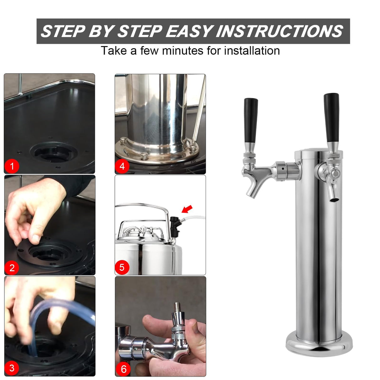 FERRODAY Kegerator Tower Dual Faucet Beer Tower Double Tap Beer Tower Dispenser Beer Tap Kegerator Parts Stainless Steel Tower Brass Faucet Stainless Core Pre-assembled Lines 3" Keg Tower Beer Keg Tap Ferroday