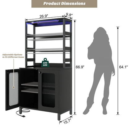 Aheaplus Bar Cabinet with Power Outlets, 67" Tall Wine Bar Cabinet Liquor Cabinet with LED Lights and Glass Holder, Coffee Bar Station for Living Room, Microwave Stand Bakers Rack Cabinet, Black