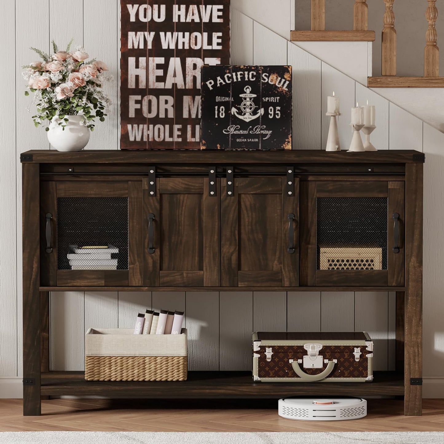 4ever2buy Buffet Cabinet with Storage, Farmhouse Coffee Bar Table with Sliding Barn Door, 47" Console Table with Metal Mesh Doors, Brown Coffee Bar Cabinet with Bottom Open Shelf, Living Room - WoodArtSupply