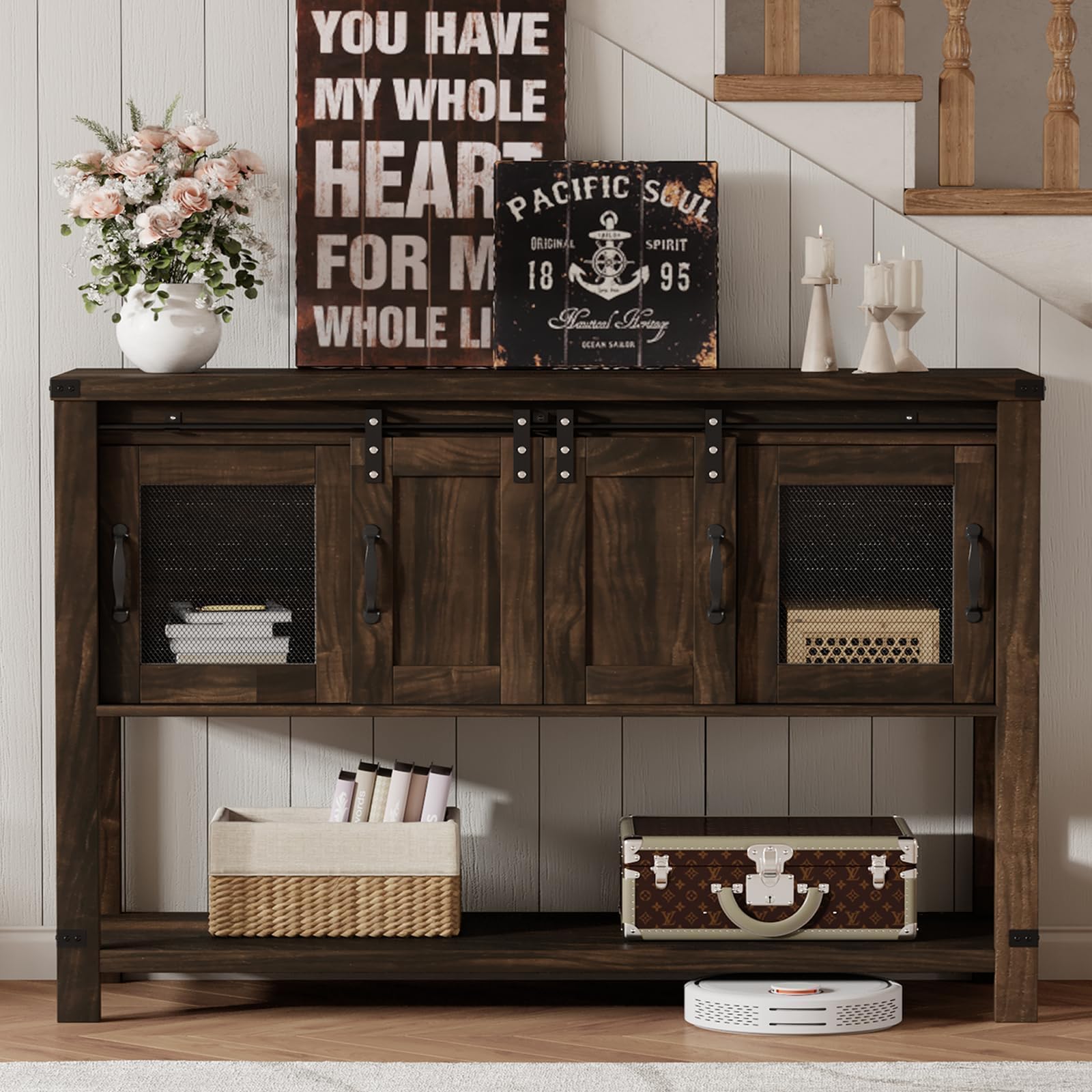 4ever2buy Buffet Cabinet with Storage, Farmhouse Coffee Bar Table with Sliding Barn Door, 47" Console Table with Metal Mesh Doors, Brown Coffee Bar Cabinet with Bottom Open Shelf, Living Room - WoodArtSupply