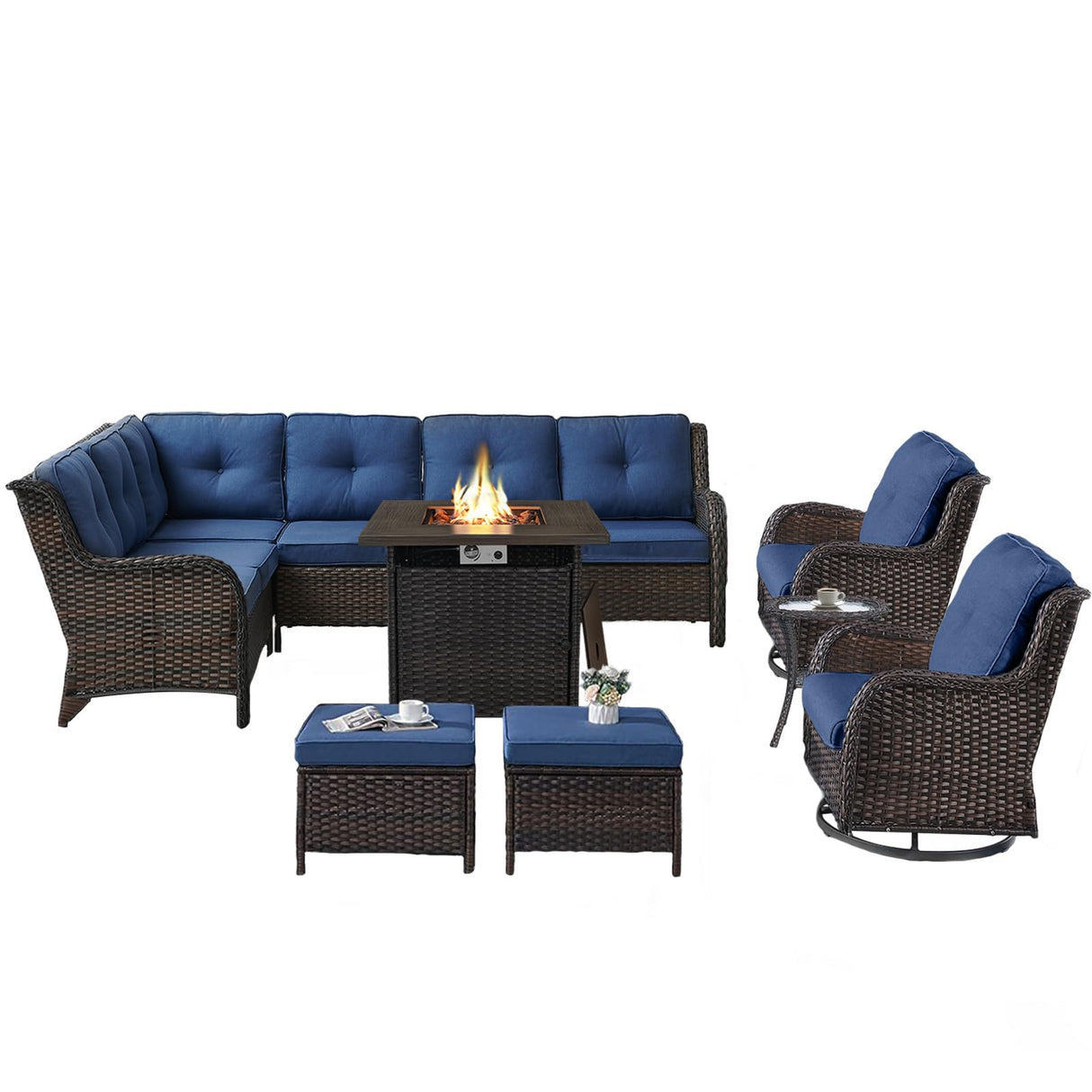 Belord Outdoor Sectional Furniture Sofa Set with Propane Fire Pit Table, Wicker Patio Conversation Set with 2 Swivel Rocker Glider Chairs Blue Cushion Perfect for Backyard Casual Gathering Belord