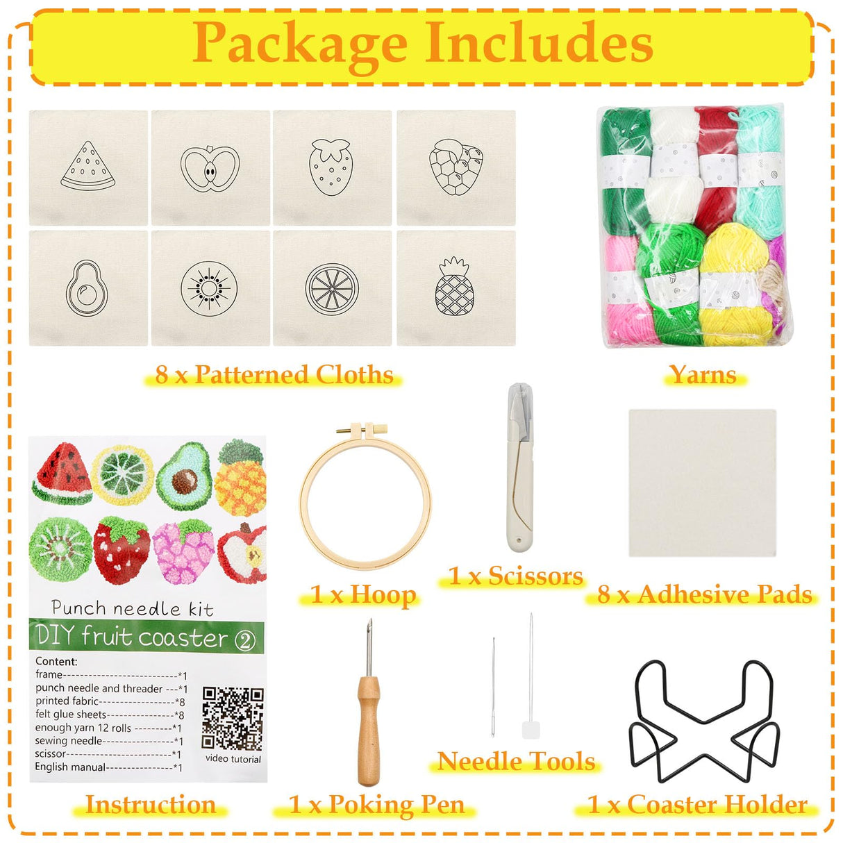 Soleeya Punch Needle Kits Adults Beginner 8 Pcs Punch Needle Coaster Kit Fruit Patterns Stitching Punch Embroidery Including Yarn Hoop Needle and Video Tutorials, Rug Tufting Coaster DIY Craft Gifts Soleeya