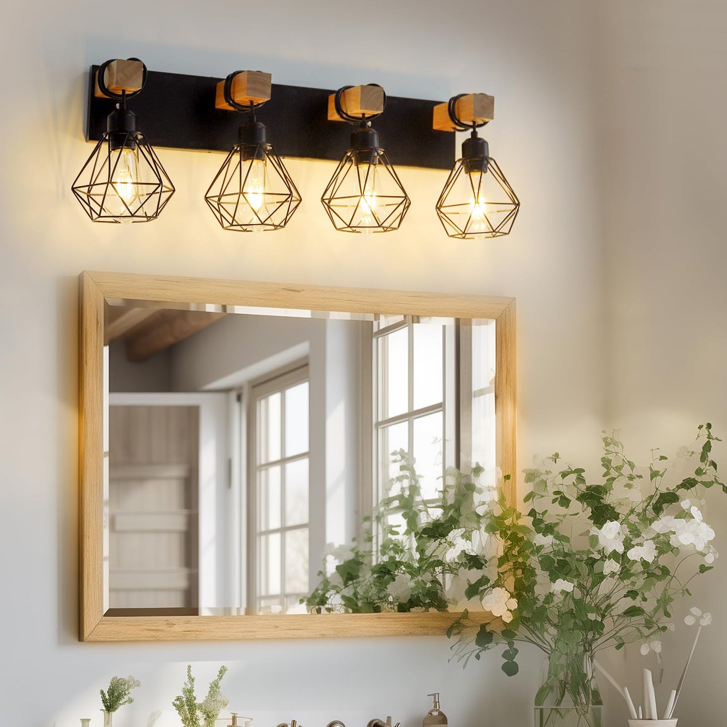 Floresita Farmhouse Vanity Light for Bathroom, 4-Light Bathroom Vanity Light Fixtures, Wood Bathroom Lighting Fixtures with Cage Metal Lampshade for Mirror,Bathroom - WoodArtSupply