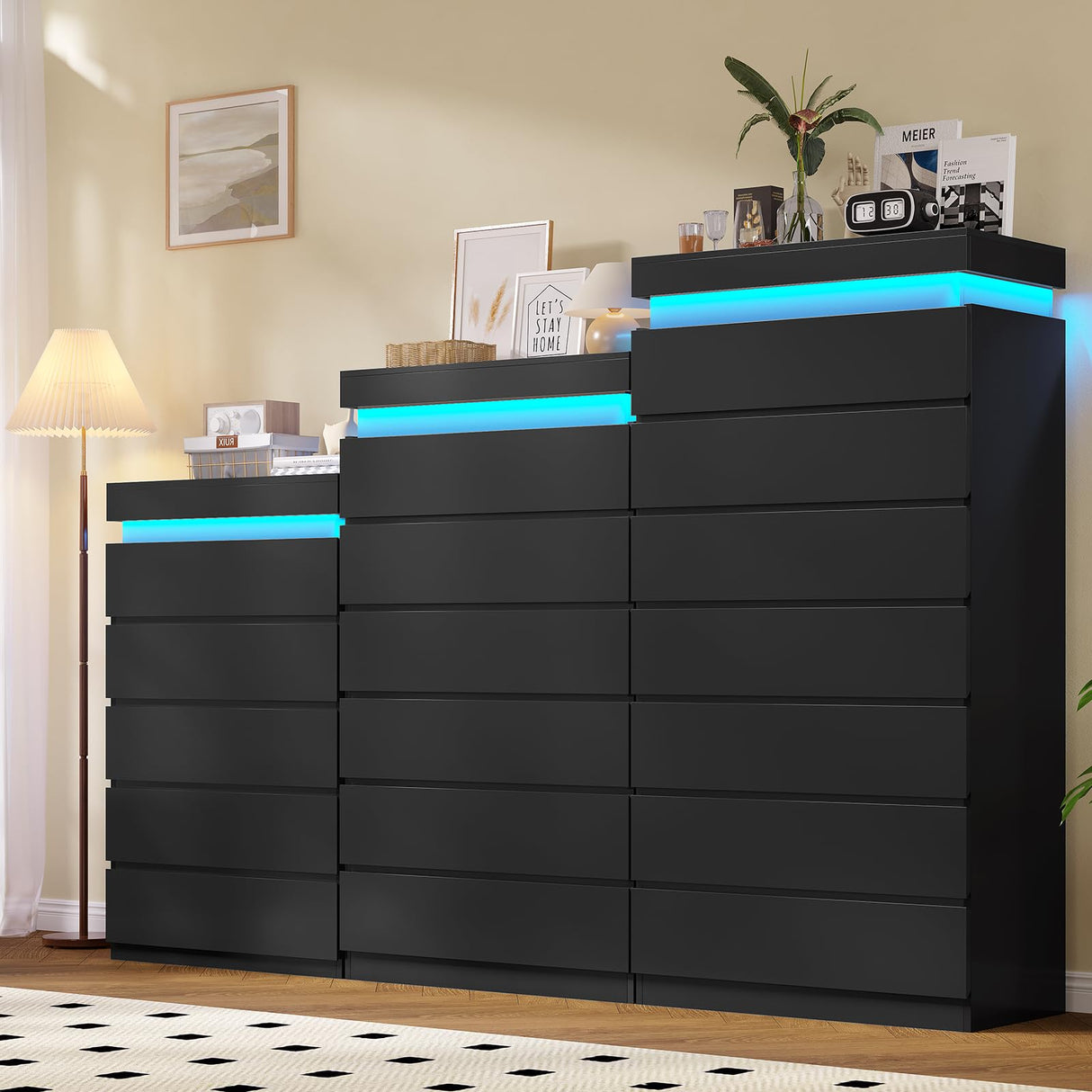 HAUOMS Tall 7 Drawer Dresser with LED Light, Black Modern Chest of Drawers for Bedroom,Closet Dressers with Drawers for Living Room, Entryway, Hallway HAUOMS