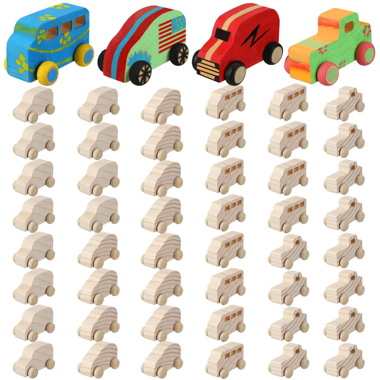 Wettarn 48 Pcs Wood DIY Car Toys, Unfinished Wooden Cars, Paintable Wood Toys, Wooden Crafts for Students Home Activities Craft Projects Easy Woodworking Wettarn