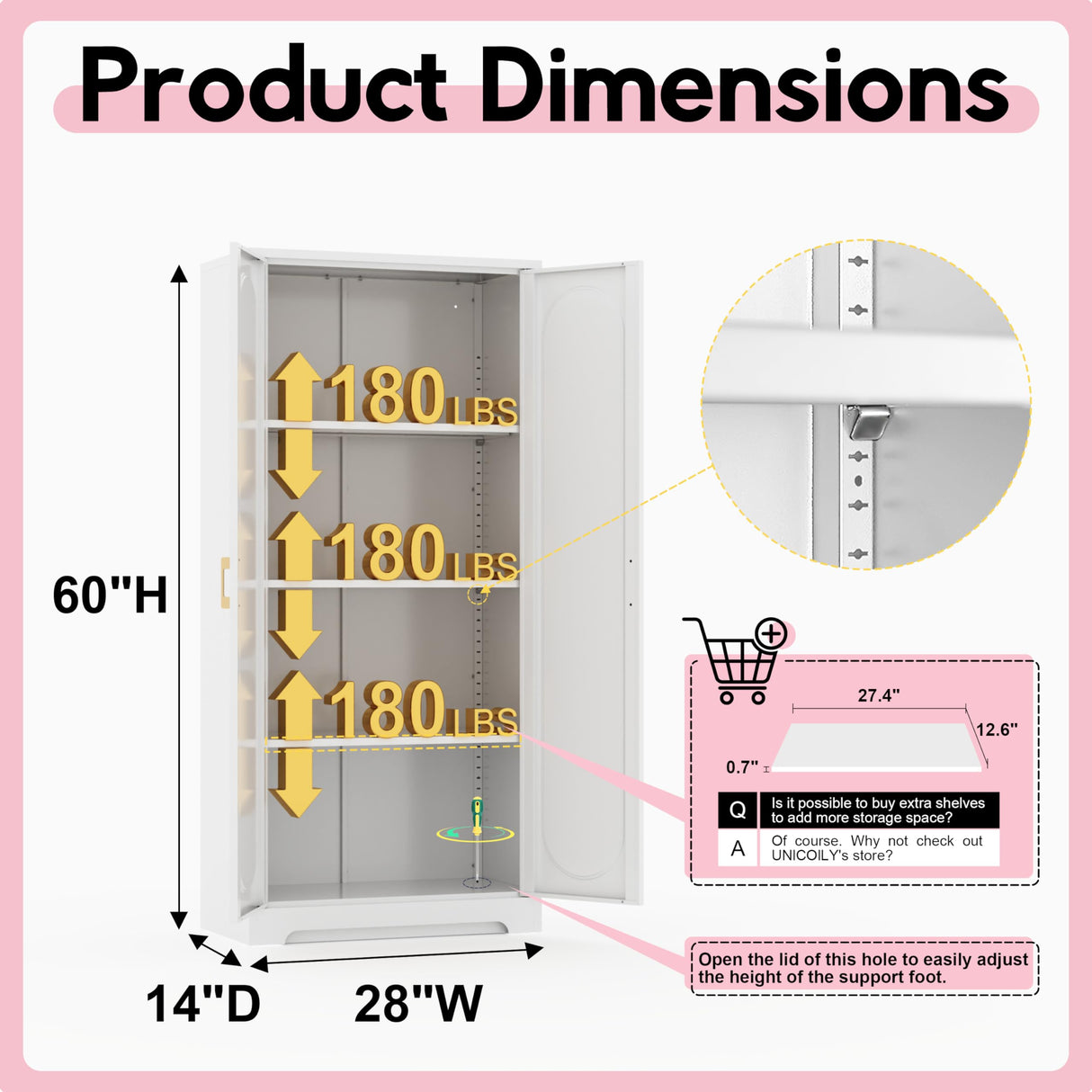 UNICOLY 60" Metal Pantry Cabinet, Storage Cabinet with Doors and Shelves, Cupboard with Adjustable Leveling Foot, for Laundry, Living Room, Bathroom, Dinning Room, Assembly Required, White UNICOLY
