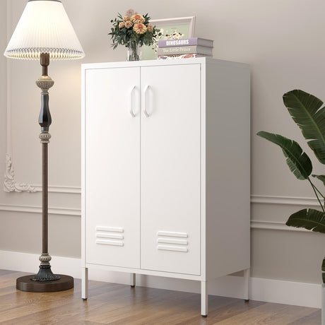IRONFFICE Metal Storage Cabinet,2 Door Metal Locker Storage Cabinet,White Accent Locker Cabinet with Shelves,Sideboard Cabinet for Living Room,Entryway IRONFFICE
