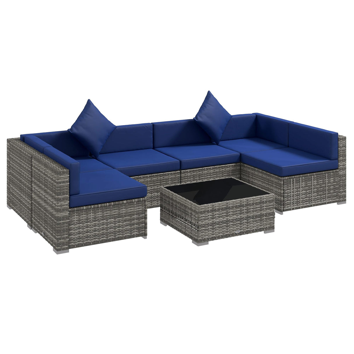 Outsunny 7-Piece Patio Furniture Set, Outdoor Wicker Conversation Set, All Weather PE Rattan Sectional Sofa Set with Cushions and Tempered Glass Top Coffee Table, Pillows, Blue Outsunny