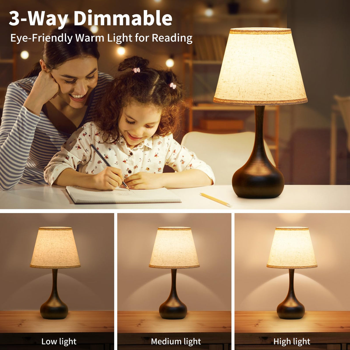 ONEWISH Touch Bedside Lamp for Bedroom, 3-Way Dimmable Farmhouse Table Lamps for Nightstand with Fabric Shade, Desk Lamp for Kids Reading, Home Office ONEWISH