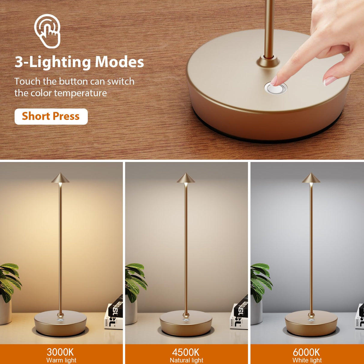 YIBEN 2Pack Rechargeable Cordless Table Lamp, Portable Powered LED Battery 6000mAh Metal USB Desk Lamp, 3 Levels Brightness Light for Restaurants Outdoor (2pack Titanium) YIBEN
