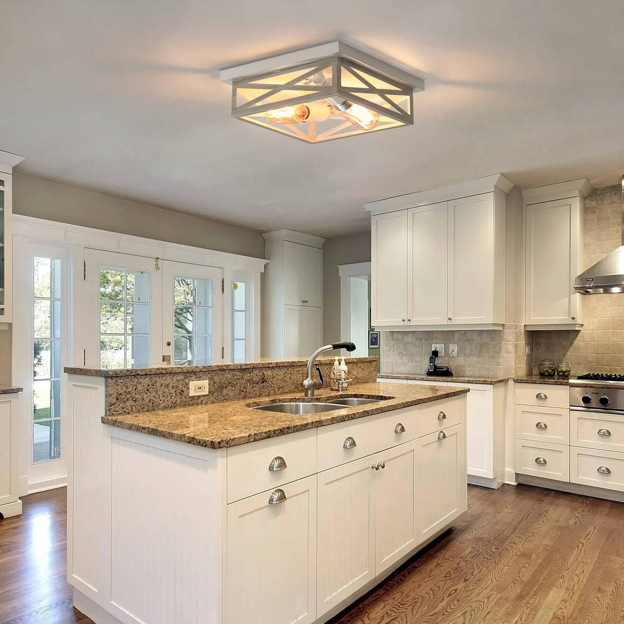 DIKAIDA 2 Pack White Flush Mount Ceiling Light, Farmhouse Ceiling Light Fixtures, 2-Light Rustic Metal Finish Industrial Kitchen Light Fixture for Bedroom, Hallway Light DIKAIDA