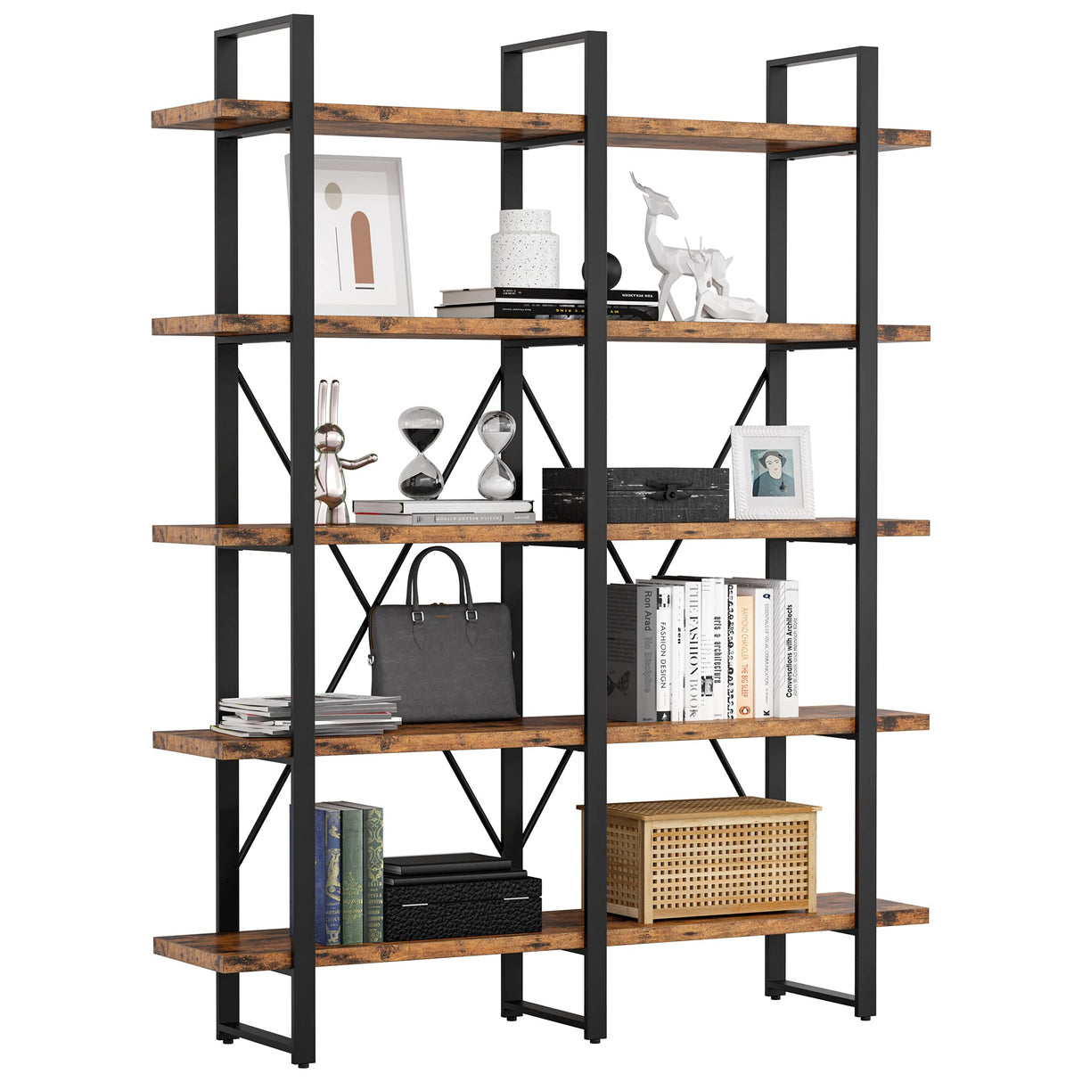 Ironck Double Wide Industrial 5-Tier Bookshelf with Open Shelves in Vintage Brown IRONCK