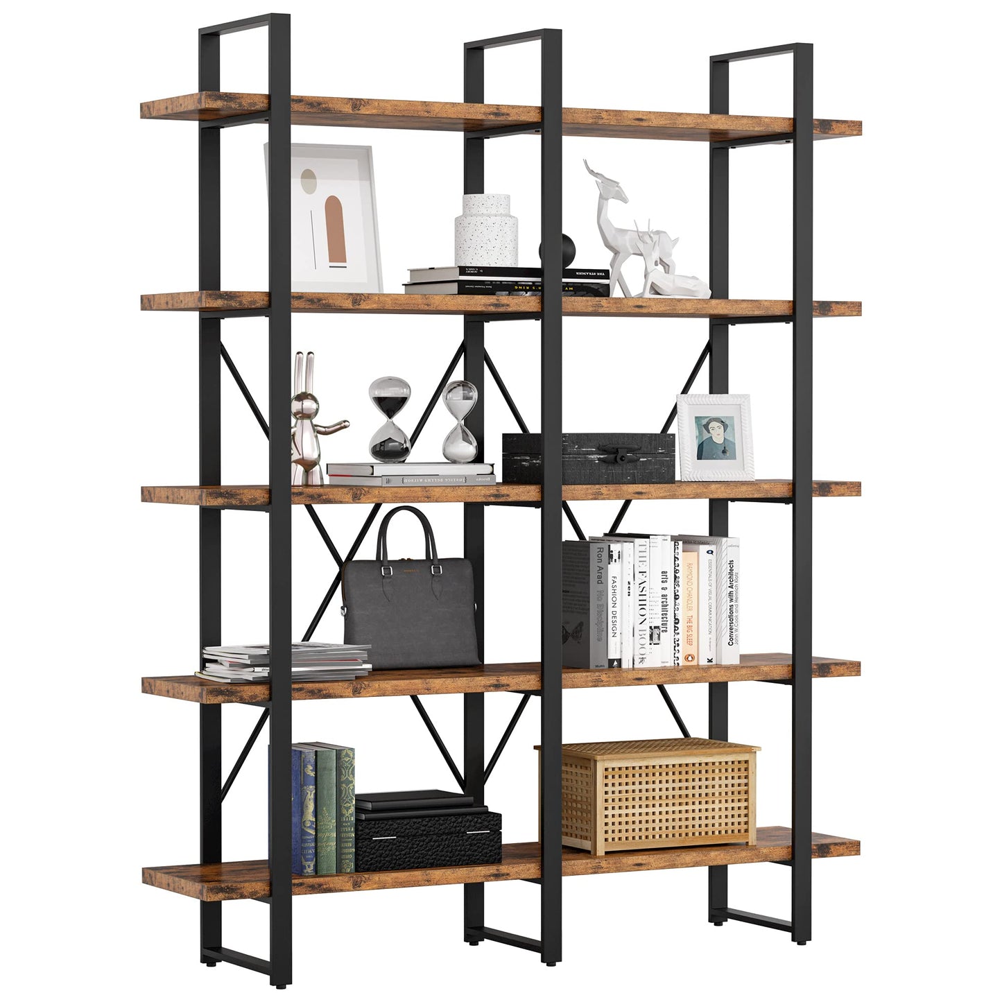 Ironck Double Wide Industrial 5-Tier Bookshelf with Open Shelves in Vintage Brown - WoodArtSupply