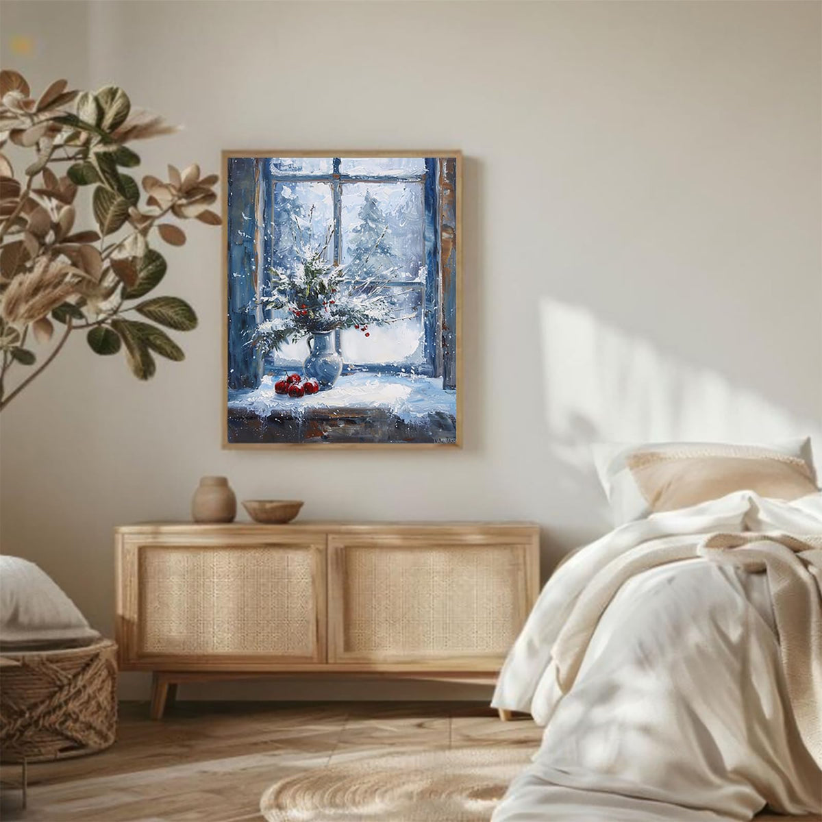 Paint by Numbers for Adult Winter Windowsill Snow Scene DIY Canvas Oil Painting Kit for Adults with Paintbrushes Acrylic Pigment Drawing Paintwork, 40x50cm, Without Frame LAENAKR