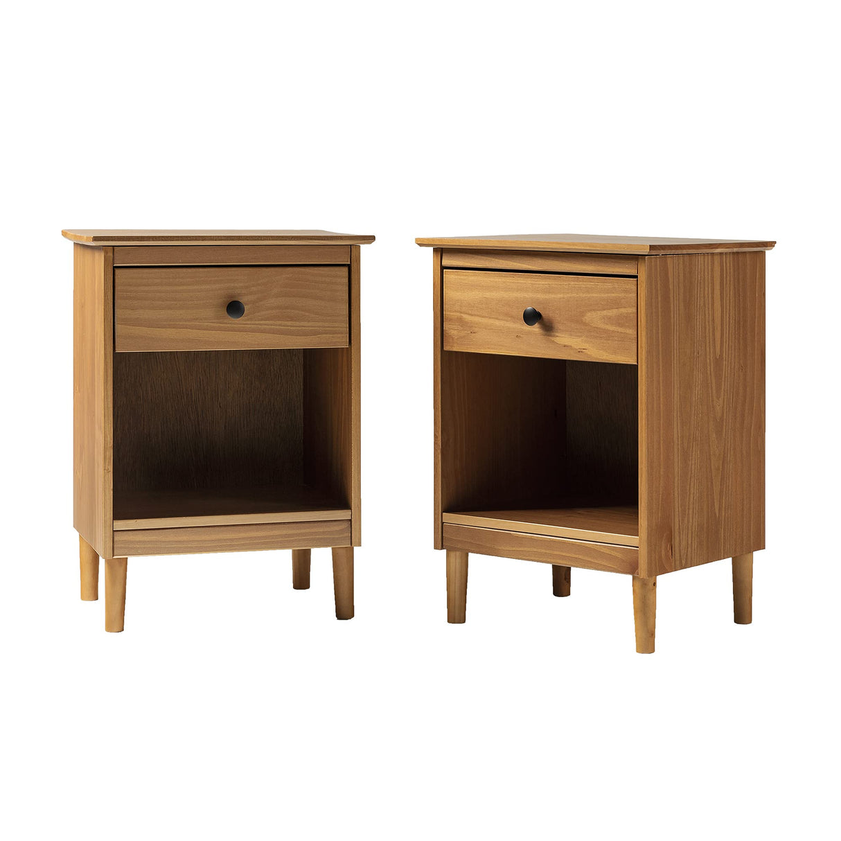 Walker Edison Russ Mid Century Modern 1-Drawer Solid Wood Nightstand Set, Caramel Walker Edison
