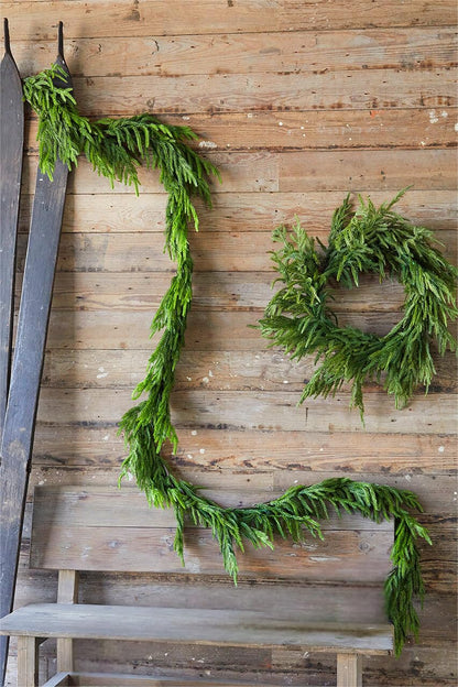 ENVEN Real Touch Norfolk Pine Christmas Garland and Wreath Set, 24IN Green Wreath and 9FT Christmas Garland Artificial Faux Greenery Norfolk Pine for Holiday Indoor Mantle Decor