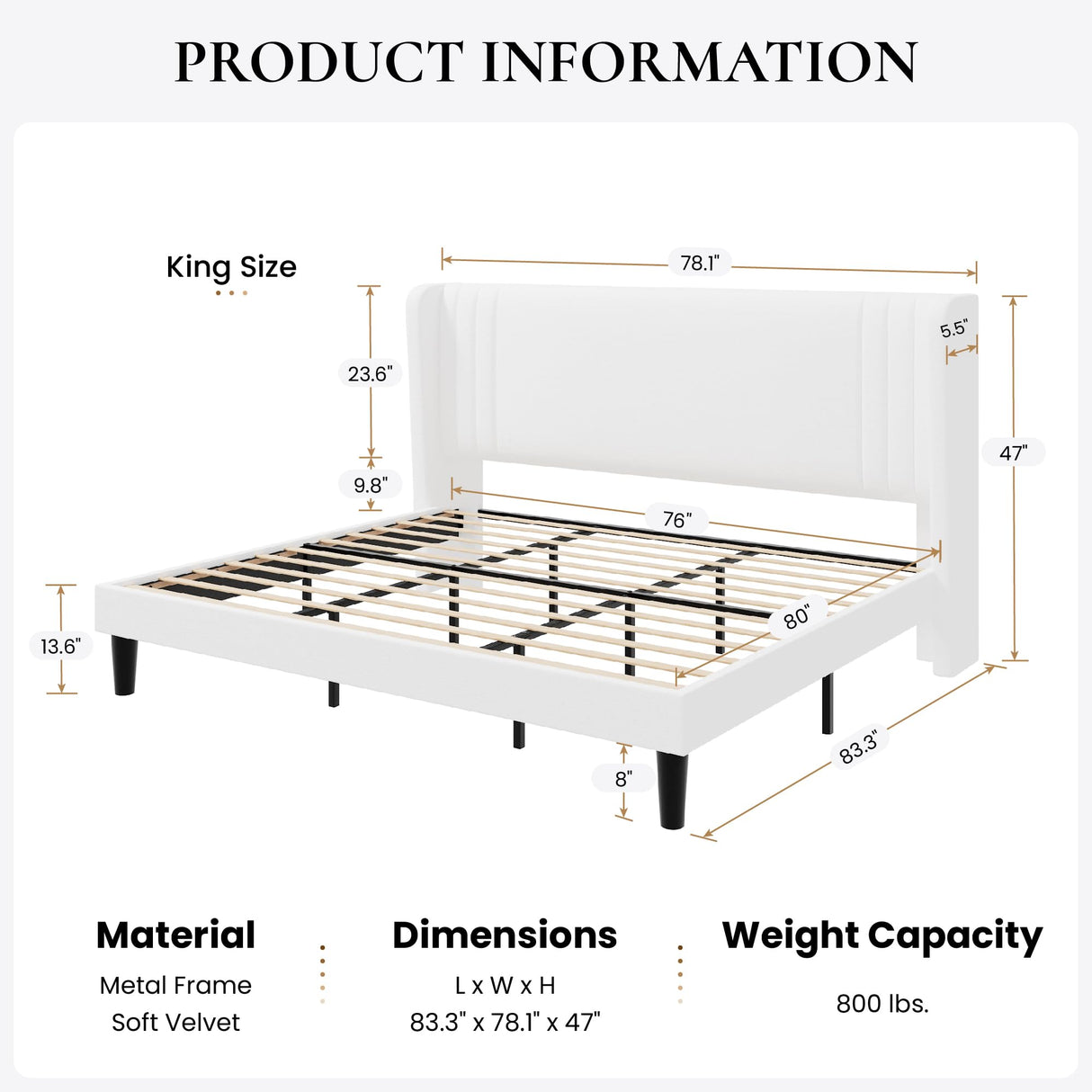 SHA CERLIN King Size Velvet Upholstered Platform Bed Frame with Vertical Channel Tufted Wingback Headboard, Wooden Slats Support, Easy Assembly, Under Bed Storage, No Box Spring Required, White SHA CERLIN