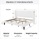 SHA CERLIN King Size Velvet Upholstered Platform Bed Frame with Vertical Channel Tufted Wingback Headboard, Wooden Slats Support, Easy Assembly, Under Bed Storage, No Box Spring Required, White SHA CERLIN