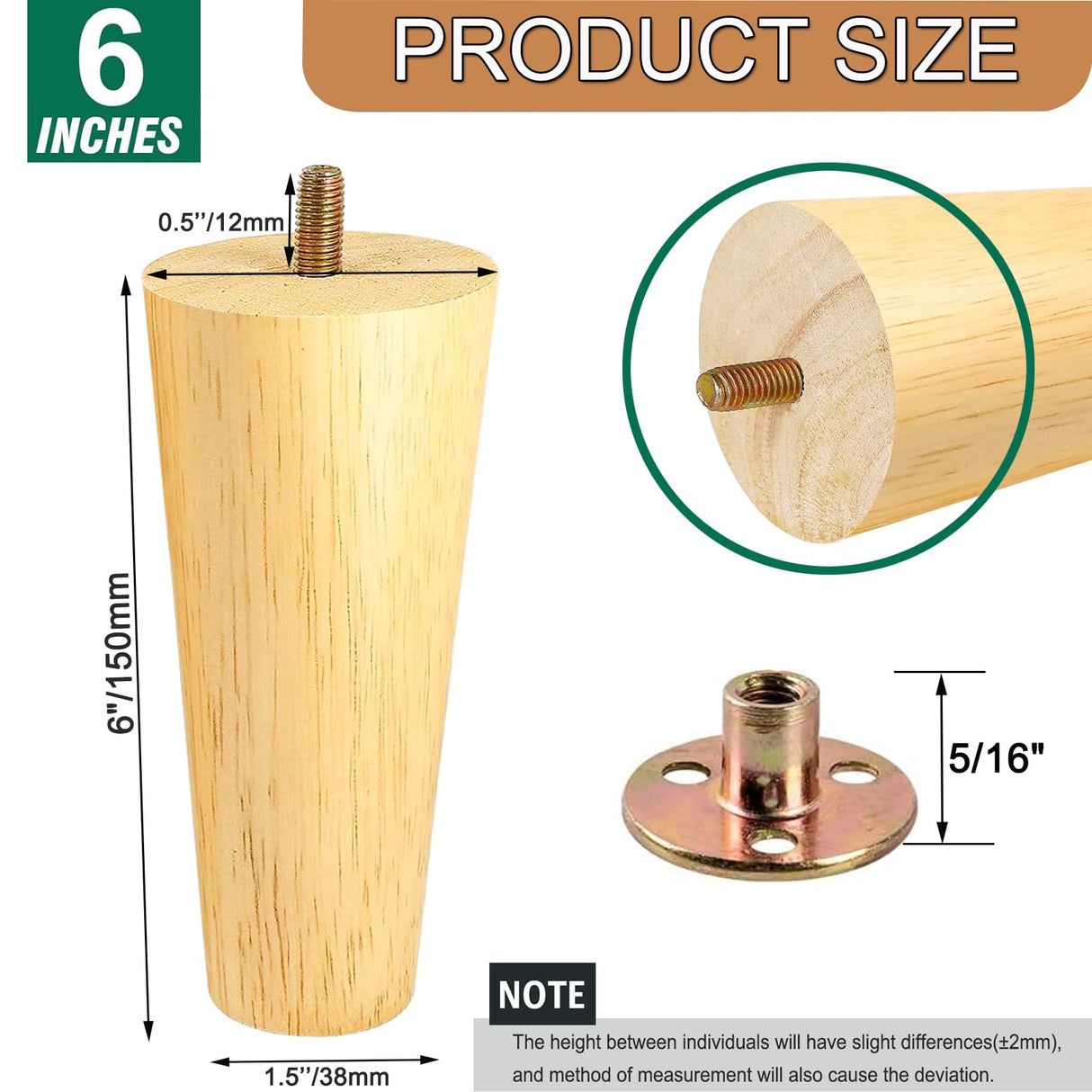 Yaliuliu 6 Inches Round Solid Wood Furniture Legs Set of 4, Natural Wooden Replacement Feet with Threaded 5/16'' Hanger Bolts for Sofa, Couch, Armchair, Cabinet, TV Stand, Ottoman and Dresser Yaliuliu