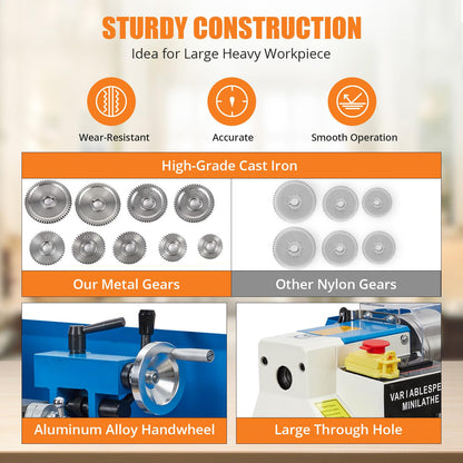 Mini Metal Lathe, 7"x14" Benchtop Lathe, 550W Variable Speed with Tool Box, A Movable Lamp and Digital Display, 2500RPM, 3-Jaw Chuck, CNC Capability for Metal Turning - WoodArtSupply