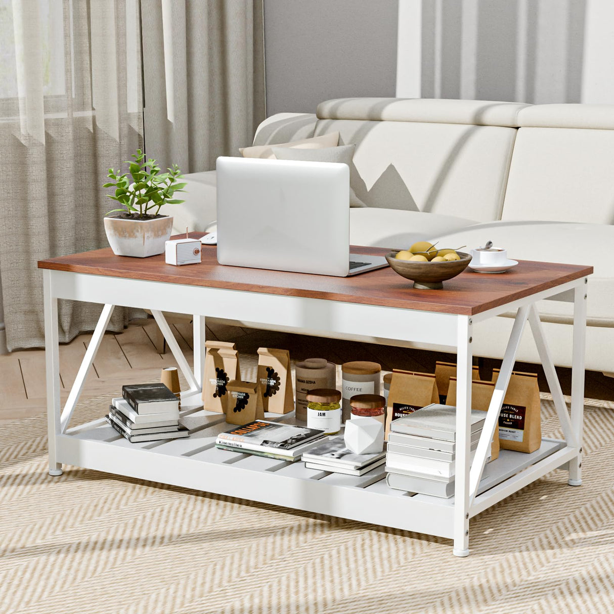 EDWINENE 39.4 Inches White Coffee Table for Living Room, Farmhouse Coffee Table with Storage Shelf EDWINENE