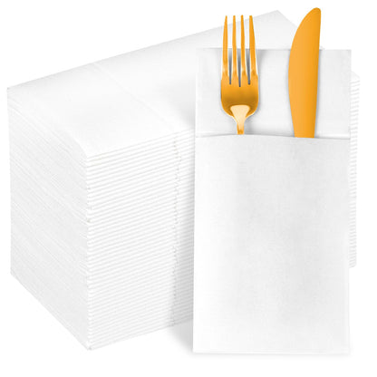 KAMMAK White Dinner Napkins Disposable Cloth Like Paper Napkins Folded with Pocket 100 Pack Guest Hand Towels for New Year Decoration, Bathroom, Party, Wedding Reception, Kitchen (16.5 x 16.5 in)